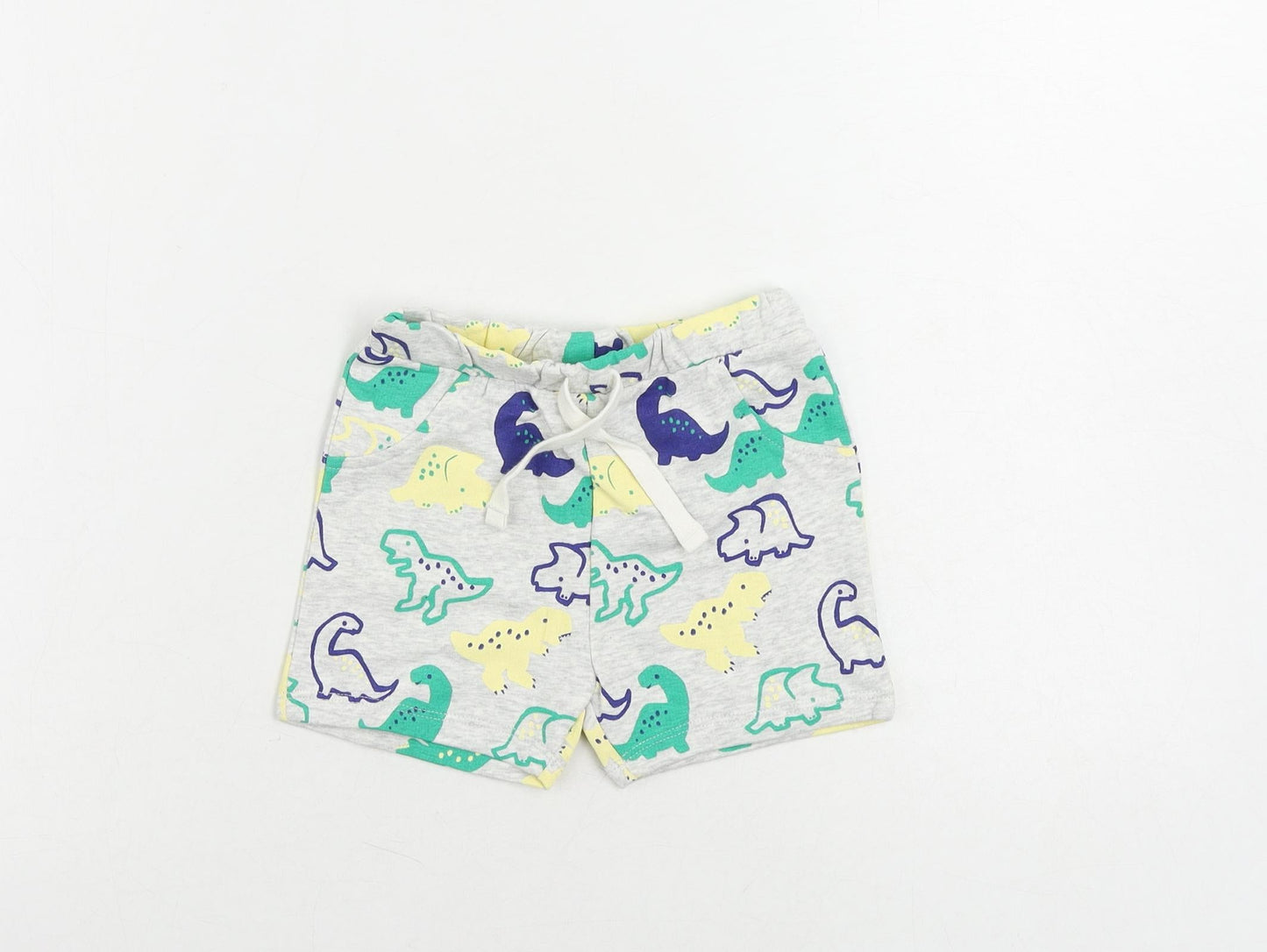 Marks and Spencer Baby Grey Geometric Cotton Jogger Trousers Size 9-12 Months Drawstring - Dinosaur Print