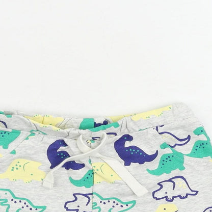 Marks and Spencer Baby Grey Geometric Cotton Jogger Trousers Size 9-12 Months Drawstring - Dinosaur Print