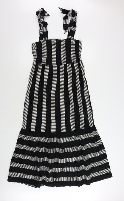 Marks and Spencer Womens Black Striped Cotton Maxi Size 8 Square Neck Pullover - Shirred Back