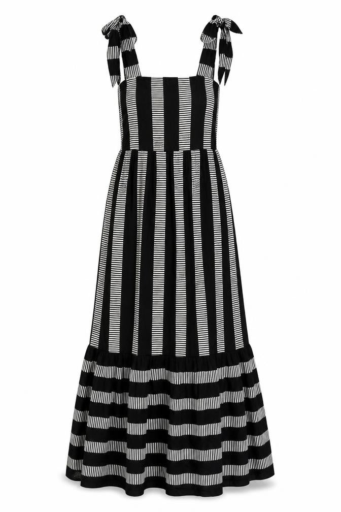 Marks and Spencer Womens Black Striped Cotton Maxi Size 8 Square Neck Pullover - Shirred Back
