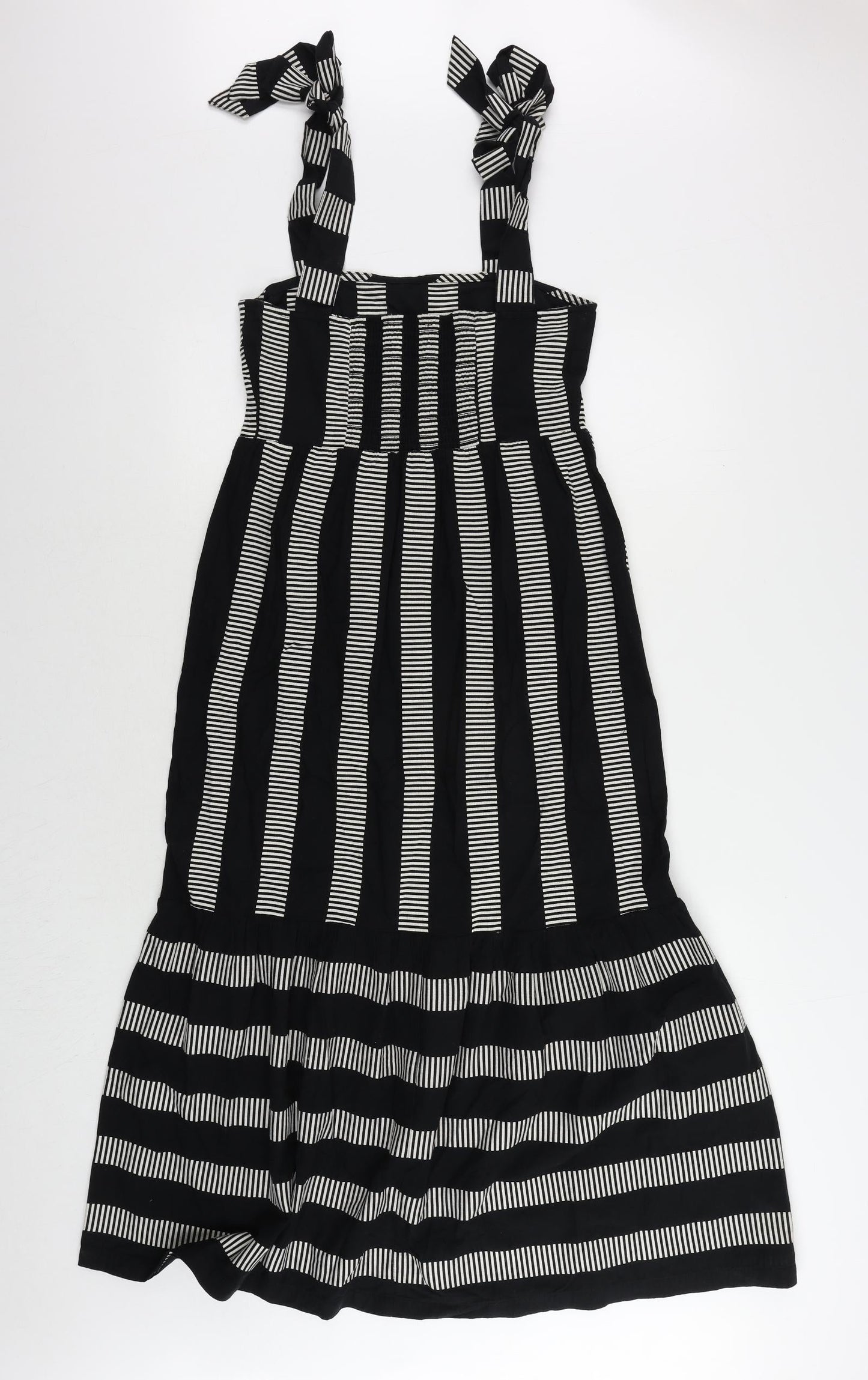 Marks and Spencer Womens Black Striped Cotton Maxi Size 8 Square Neck Pullover - Shirred Back