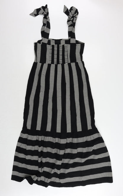 Marks and Spencer Womens Black Striped Cotton Maxi Size 8 Square Neck Pullover - Shirred Back