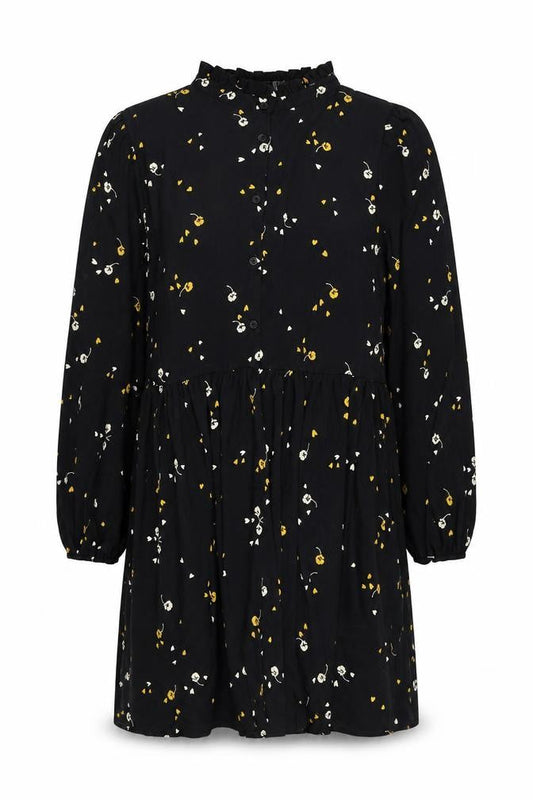 Front view of ASOS women’s black floral polyester shift, size UK 18, round neck button