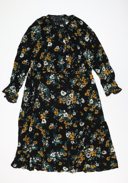 Marks and Spencer Womens Black Floral Viscose Shift Size 10 Round Neck Button