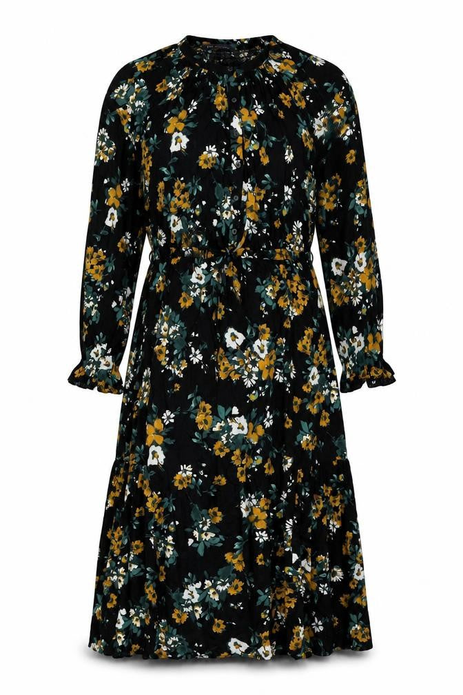 Marks and Spencer Womens Black Floral Viscose Shift Size 10 Round Neck Button