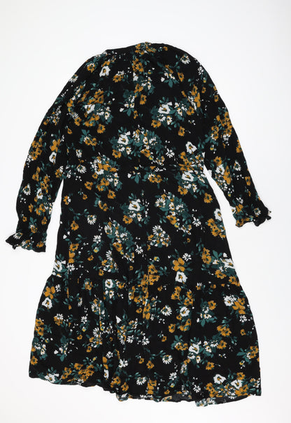 Marks and Spencer Womens Black Floral Viscose Shift Size 10 Round Neck Button