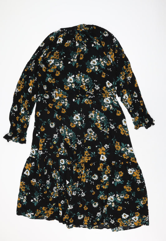 Marks and Spencer Womens Black Floral Viscose Shift Size 10 Round Neck Button