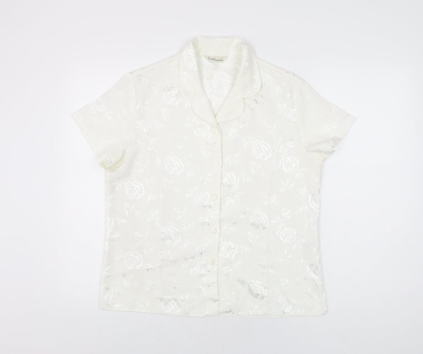 Design Essentials Womens White Floral Polyester Basic Button-Up Size 14 Collared