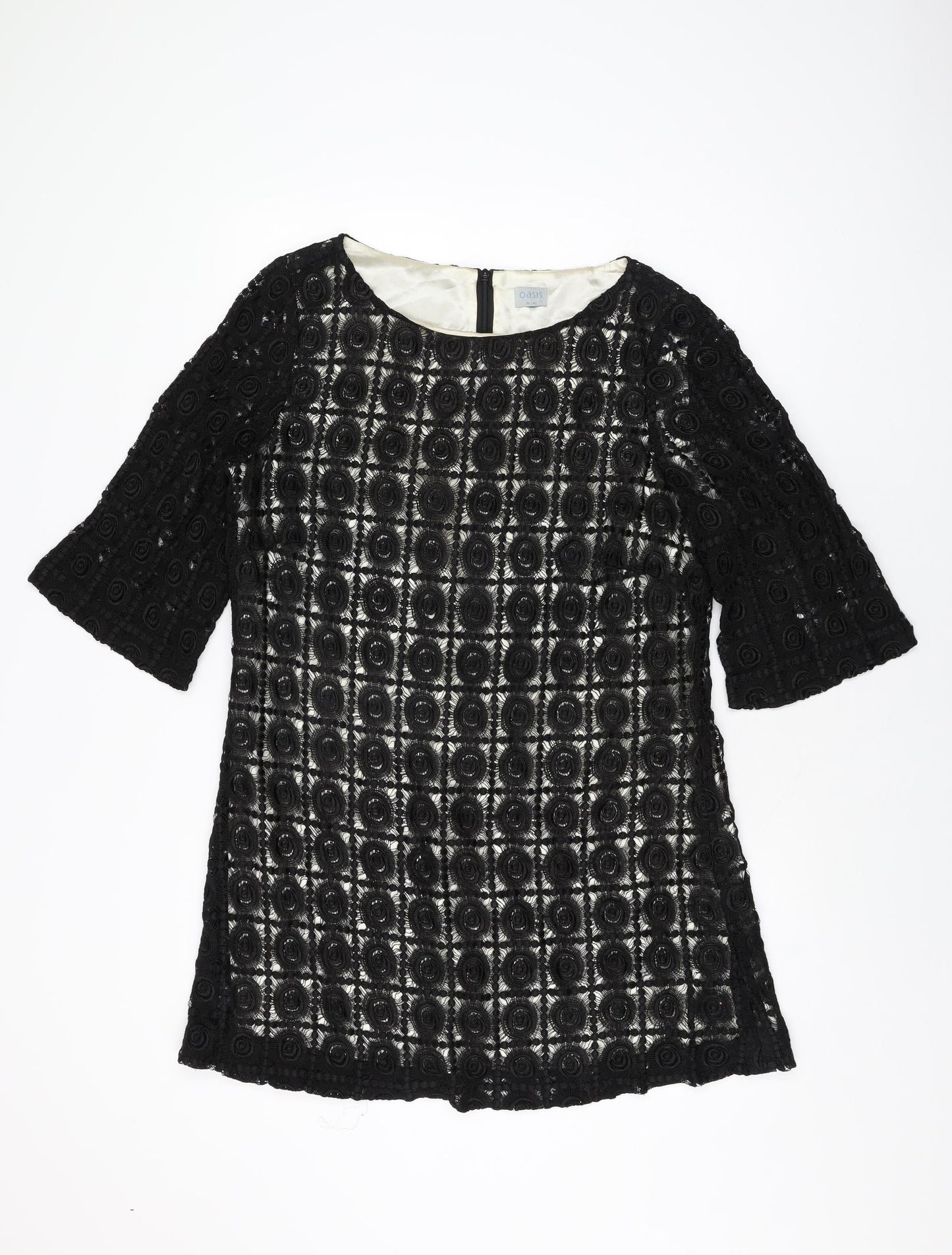 Oasis Womens Black Geometric Viscose Shift Size 16 Round Neck Zip