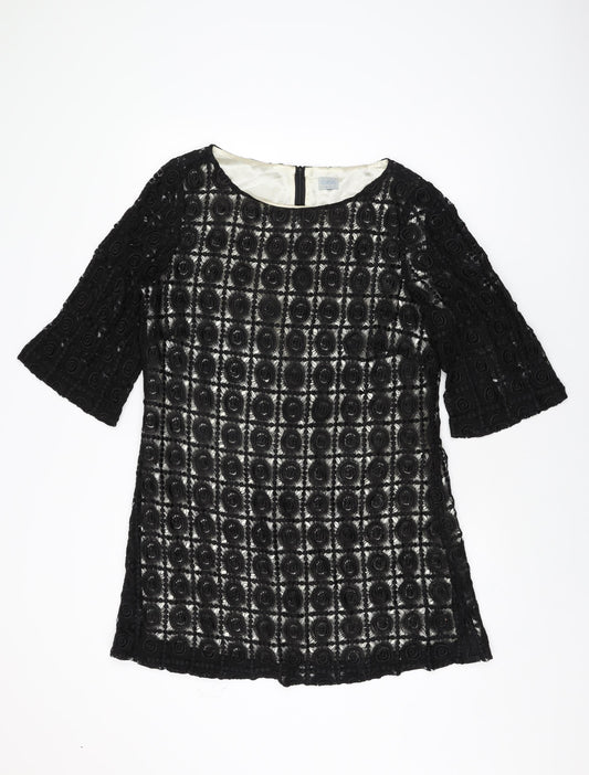 Oasis Womens Black Geometric Viscose Shift Size 16 Round Neck Zip