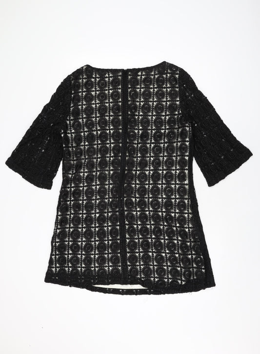 Oasis Womens Black Geometric Viscose Shift Size 16 Round Neck Zip