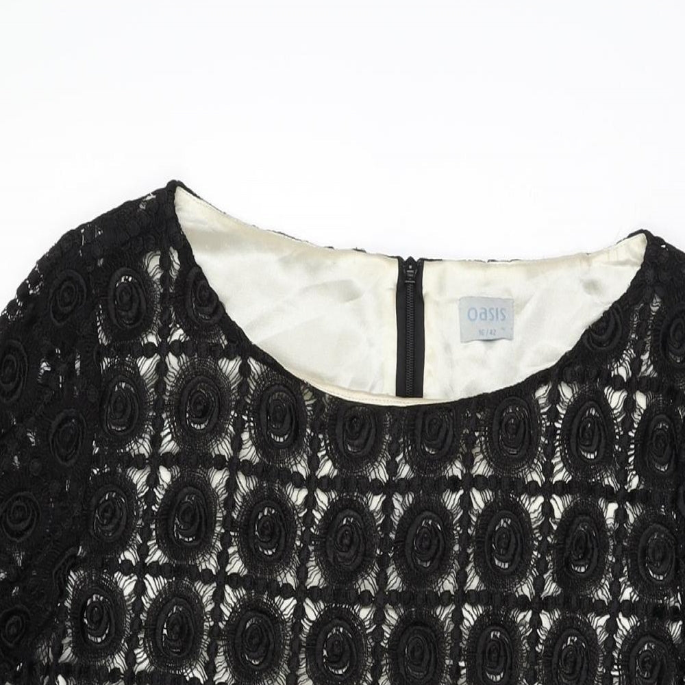 Oasis Womens Black Geometric Viscose Shift Size 16 Round Neck Zip