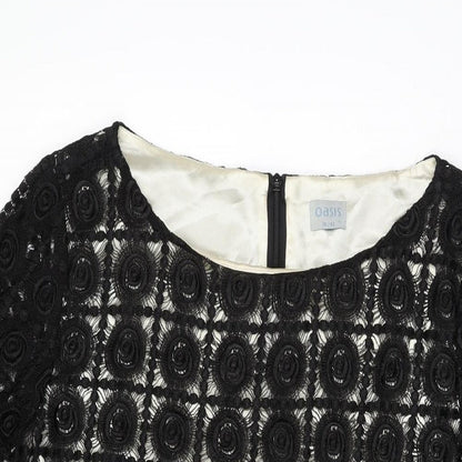 Oasis Womens Black Geometric Viscose Shift Size 16 Round Neck Zip