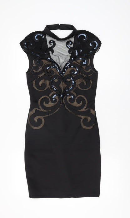 Lipsy Womens Black Geometric Polyester Bodycon Size 10 Round Neck Zip
