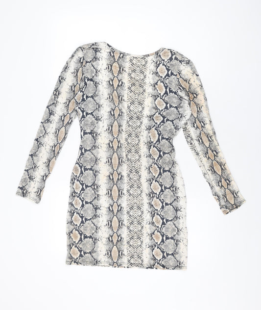 Missguided Womens Beige Animal Print Viscose Bodycon Size 14 Round Neck Pullover