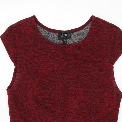 Topshop Womens Red Floral Polyester Skater Dress Size 8 Round Neck Pullover