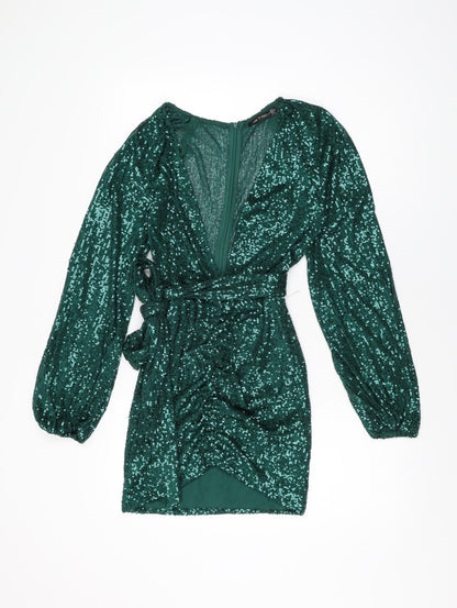 I SAW IT FIRST Womens Green Polyester Mini Size 8 V-Neck Zip - Sequins