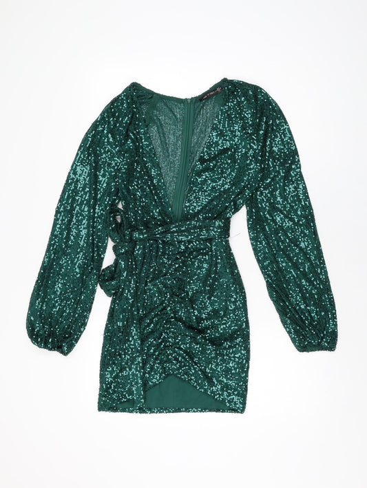 I SAW IT FIRST Womens Green Polyester Mini Size 8 V-Neck Zip - Sequins