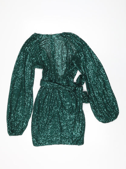 I SAW IT FIRST Womens Green Polyester Mini Size 8 V-Neck Zip - Sequins
