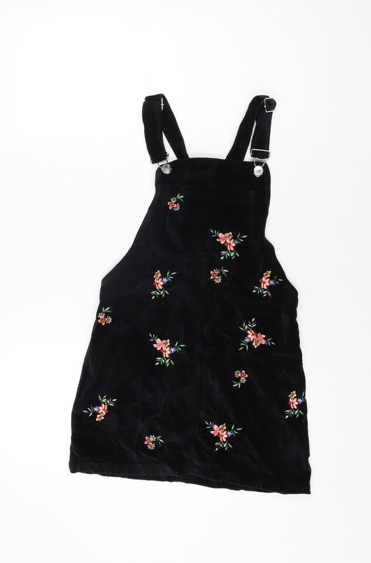 Topshop Womens Black Floral Cotton Pinafore/Dungaree Dress Size 4 Square Neck Button