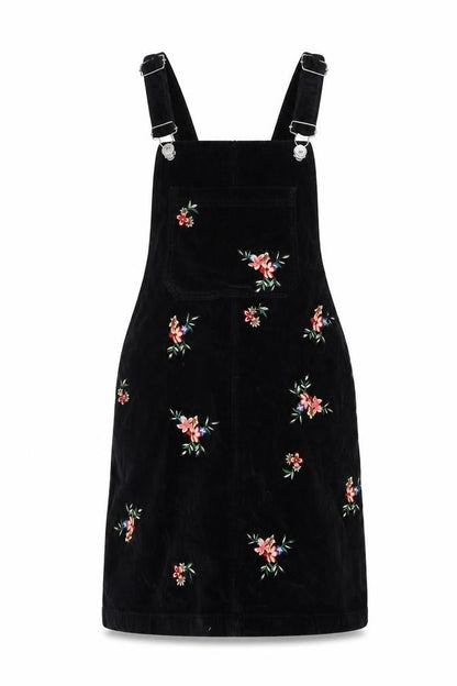Topshop Womens Black Floral Cotton Pinafore/Dungaree Dress Size 4 Square Neck Button