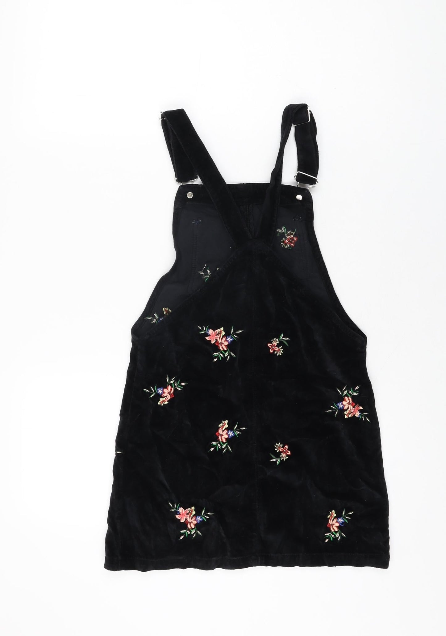 Topshop Womens Black Floral Cotton Pinafore/Dungaree Dress Size 4 Square Neck Button