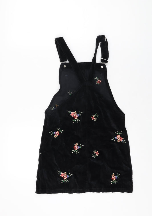 Topshop Womens Black Floral Cotton Pinafore/Dungaree Dress Size 4 Square Neck Button