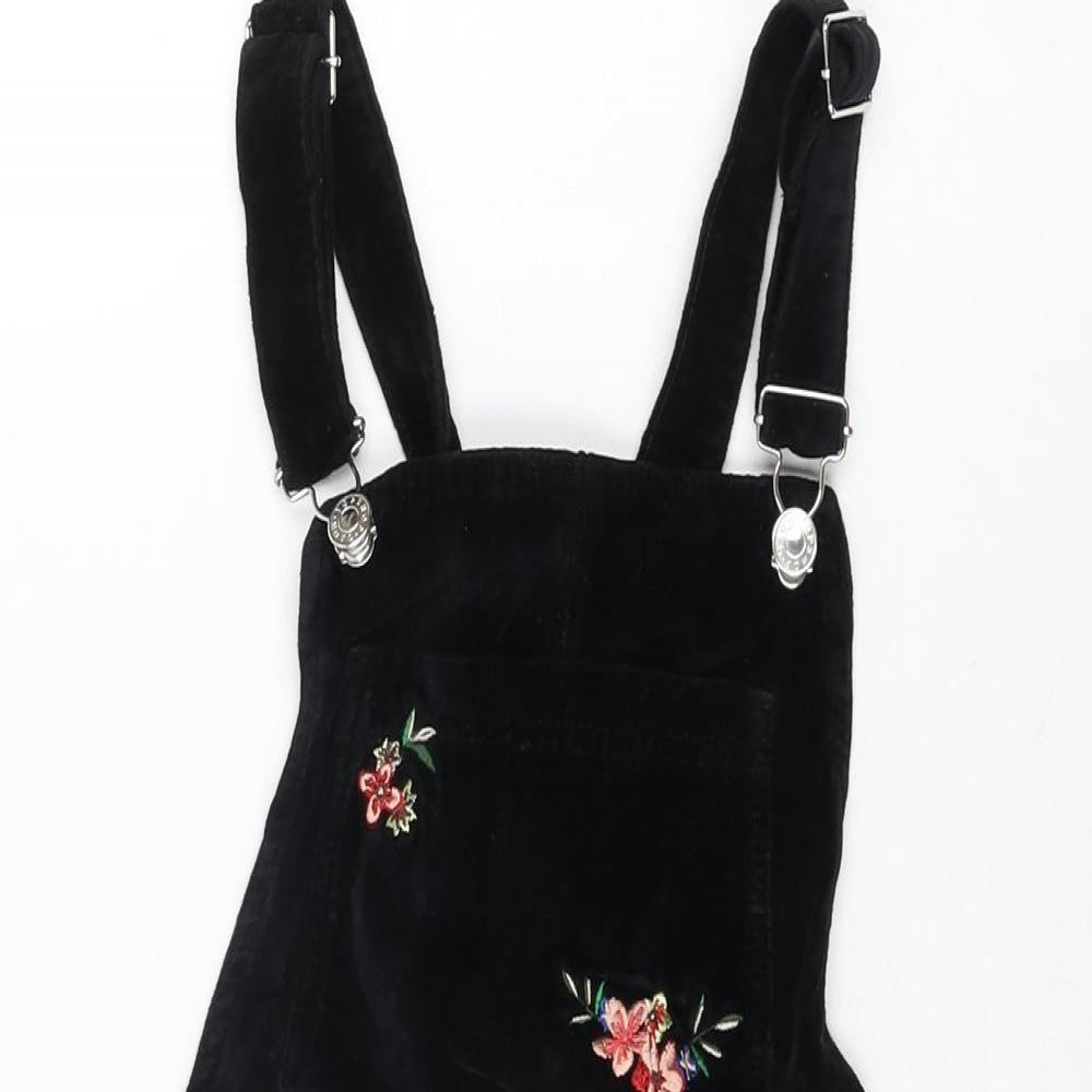 Topshop Womens Black Floral Cotton Pinafore/Dungaree Dress Size 4 Square Neck Button