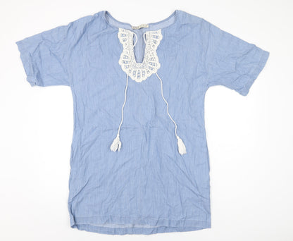 Zara Womens Blue Cotton Shift Size S V-Neck Pullover