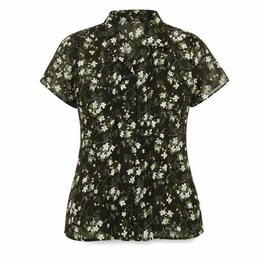 Front view of Soon women’s green floral polyester basic button-up, size UK 12, collared