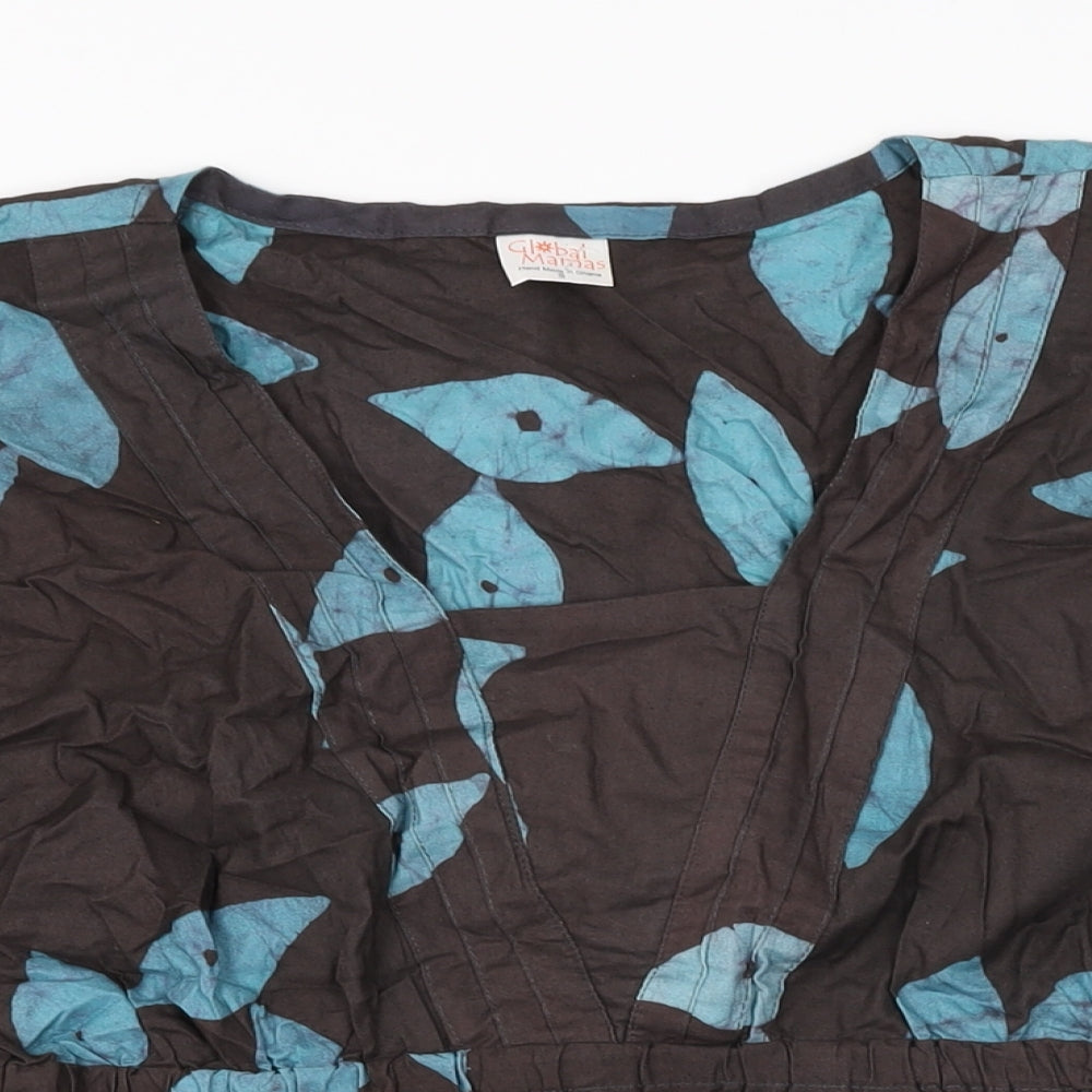 Global Mamas Womens Brown Geometric Cotton Basic T-Shirt Size S V-Neck