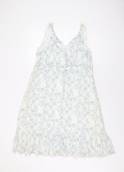 BHS Womens White Floral Cotton Shift Size 18 V-Neck Drawstring