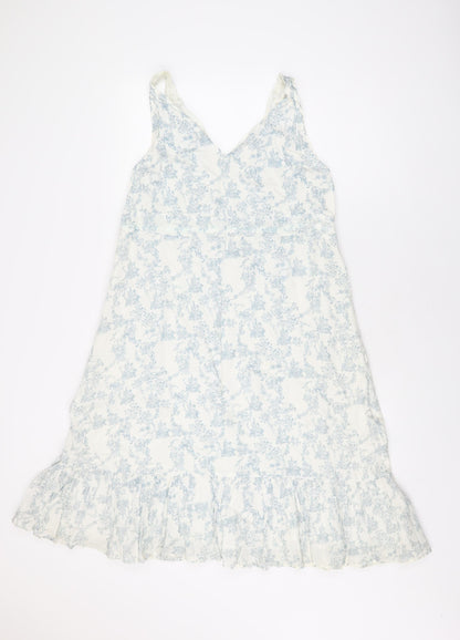 BHS Womens White Floral Cotton Shift Size 18 V-Neck Drawstring