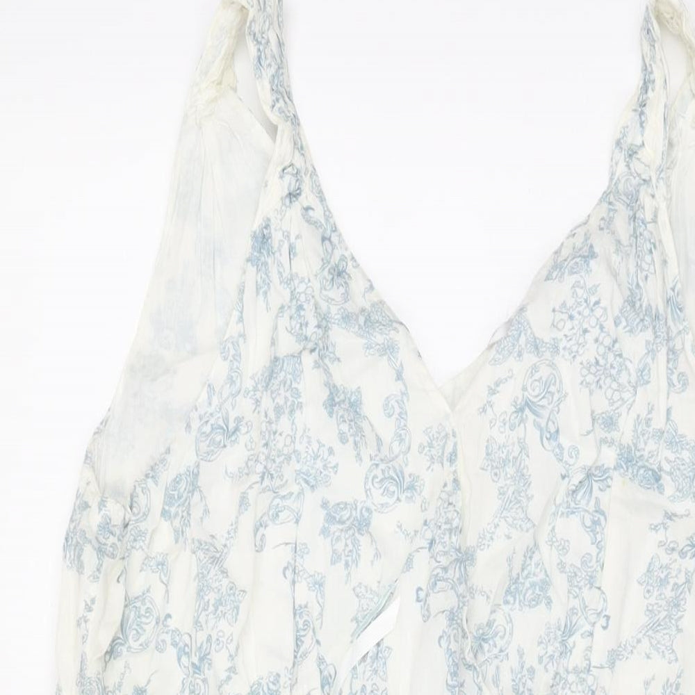 BHS Womens White Floral Cotton Shift Size 18 V-Neck Drawstring