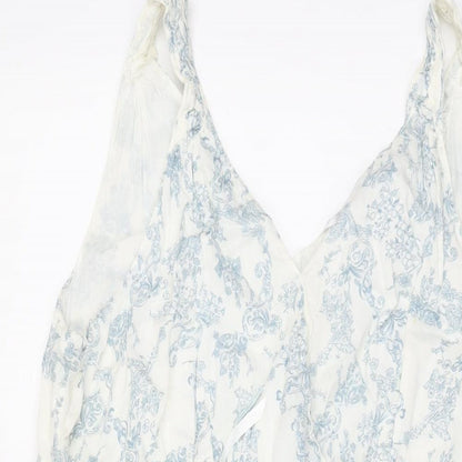 BHS Womens White Floral Cotton Shift Size 18 V-Neck Drawstring