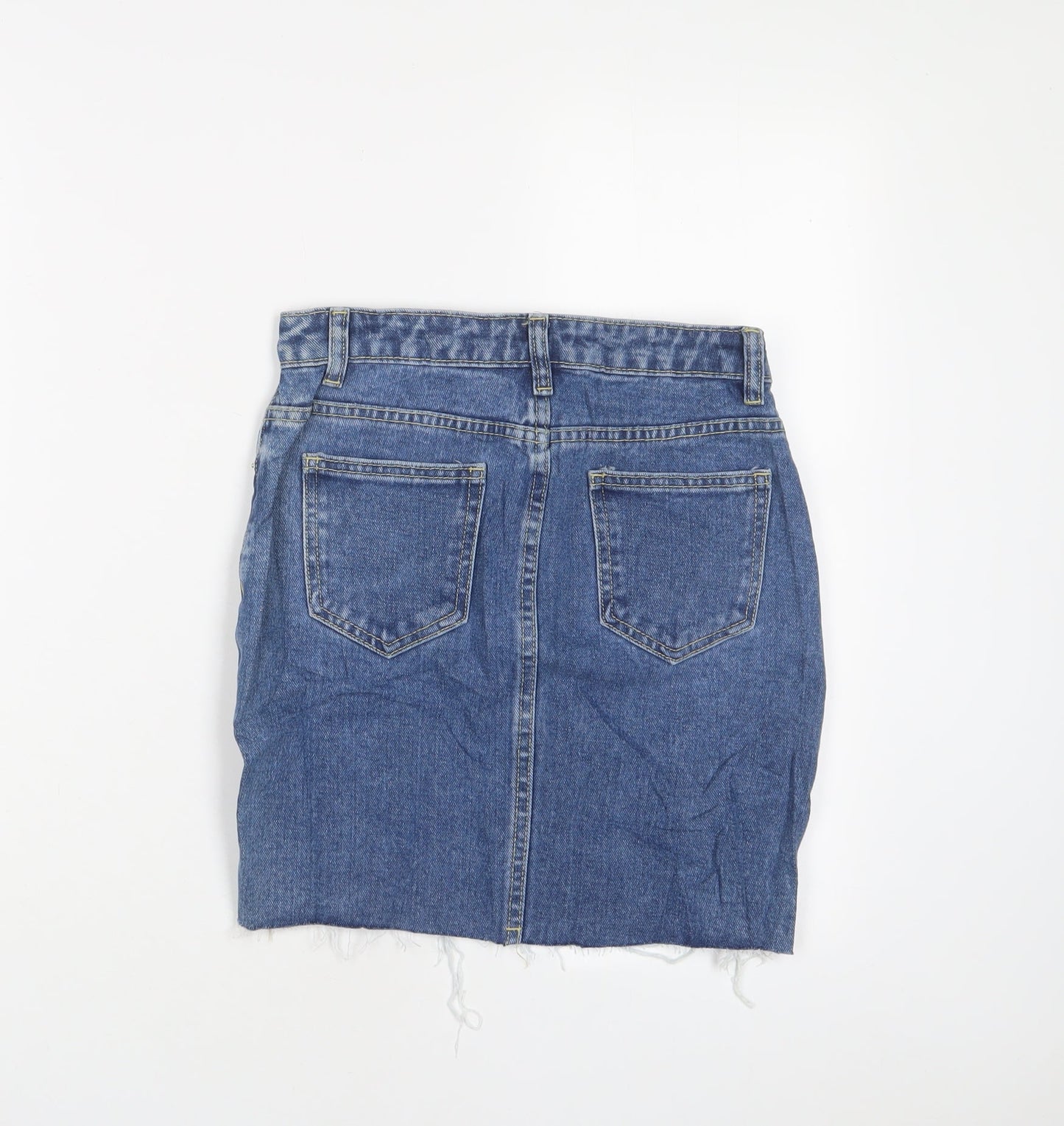 PRETTYLITTLETHING Womens Blue Cotton A-Line Skirt Size 4 Zip - Distressed, Pockets