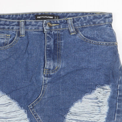 PRETTYLITTLETHING Womens Blue Cotton A-Line Skirt Size 4 Zip - Distressed, Pockets