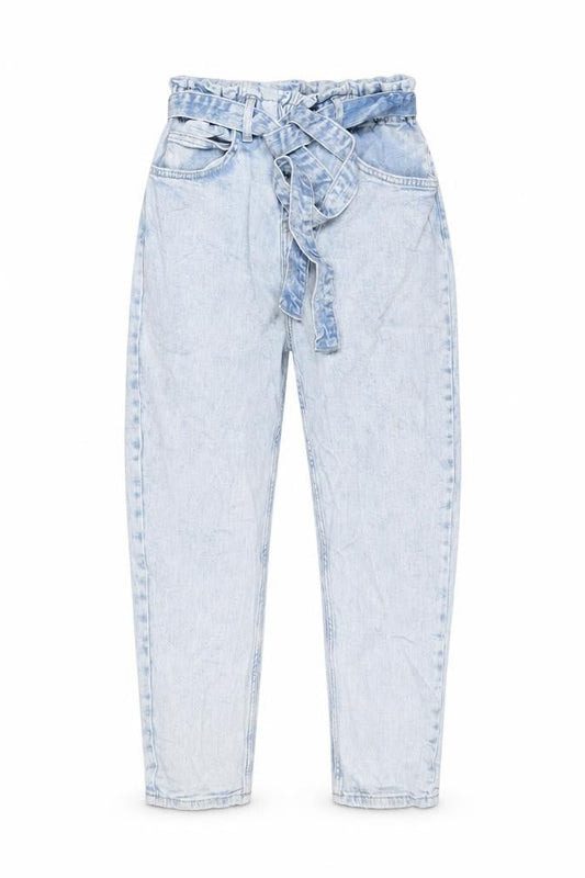 Front view of In the Style women’s blue cotton straight jeans, size UK 8, 25-inch leg regular zip - belted