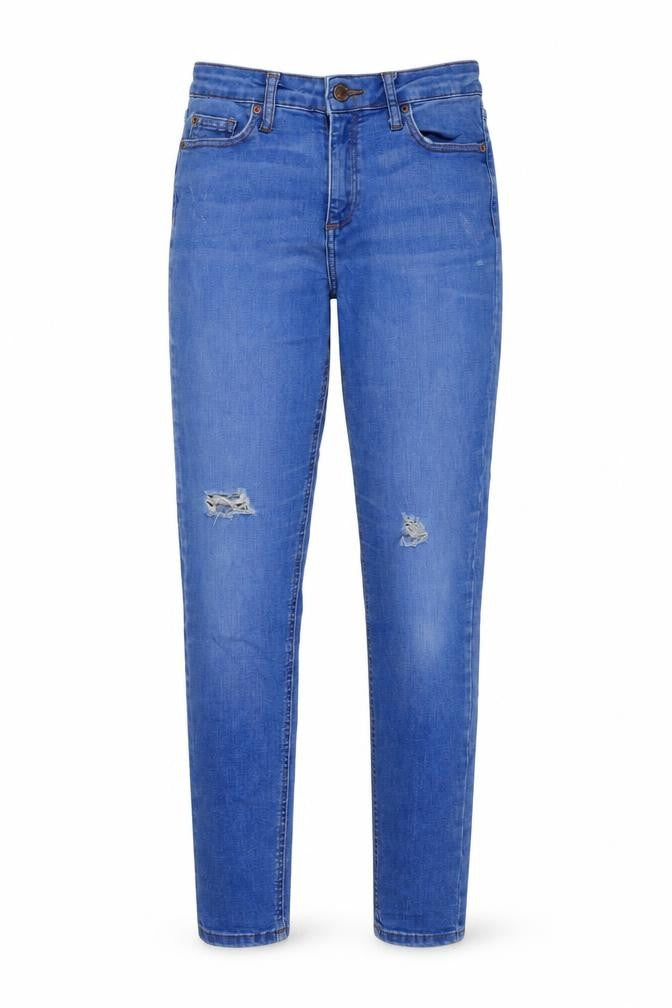 Front view of Miss Selfridge women’s blue cotton skinny jeans, size UK 10, 28-inch leg regular button