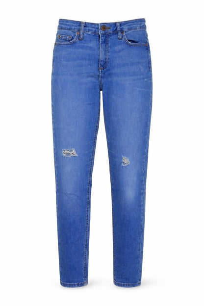 Front view of Miss Selfridge women’s blue cotton skinny jeans, size UK 10, 28-inch leg regular button