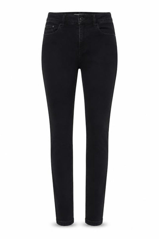 Front view of Denim & Co. women’s black cotton skinny jeans, size UK 8, 25-inch leg regular button