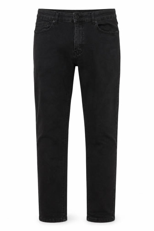 Front view of Denim & Co. men’s black cotton straight jeans, size 34, in, 34-inch leg regular button