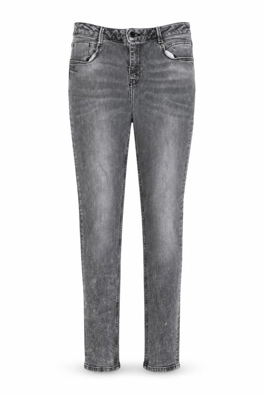 Front view of Denim & Co. women’s grey cotton skinny jeans, size UK 14, 28-inch leg regular button