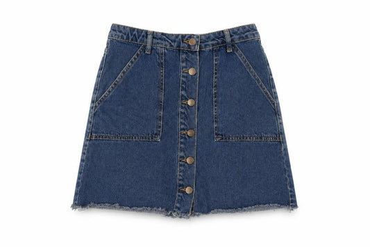 Front view of Denim & Co. women’s blue cotton mini skirt, size UK 12, button