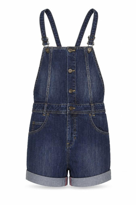 Front view of Miss Selfridge women’s blue cotton dungaree one-piece, size UK 8, buckle