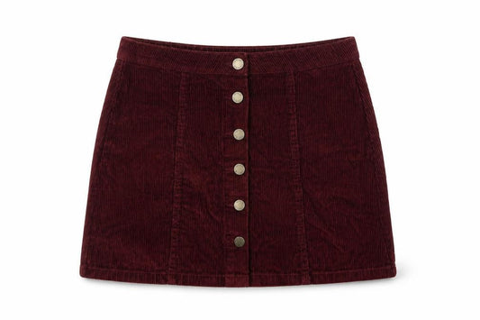 Front view of Denim & Co. women’s red cotton mini skirt, size UK 12, button