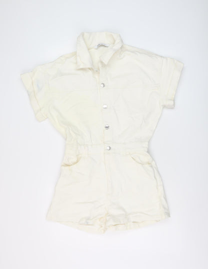 Zara Womens Ivory Cotton Playsuit One-Piece Size S Button