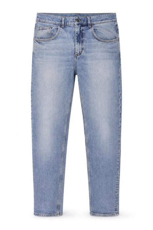 Front view of COS men’s blue cotton straight jeans, size 32, in, 30-inch leg regular button