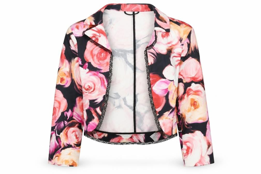 Front view of Vera Mont women’s multicoloured floral jacket, size UK 12, - lace trim