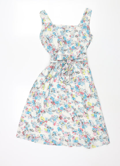 Lily & Me Womens Multicoloured Floral Cotton A-Line Size 10 Square Neck Zip - Belted